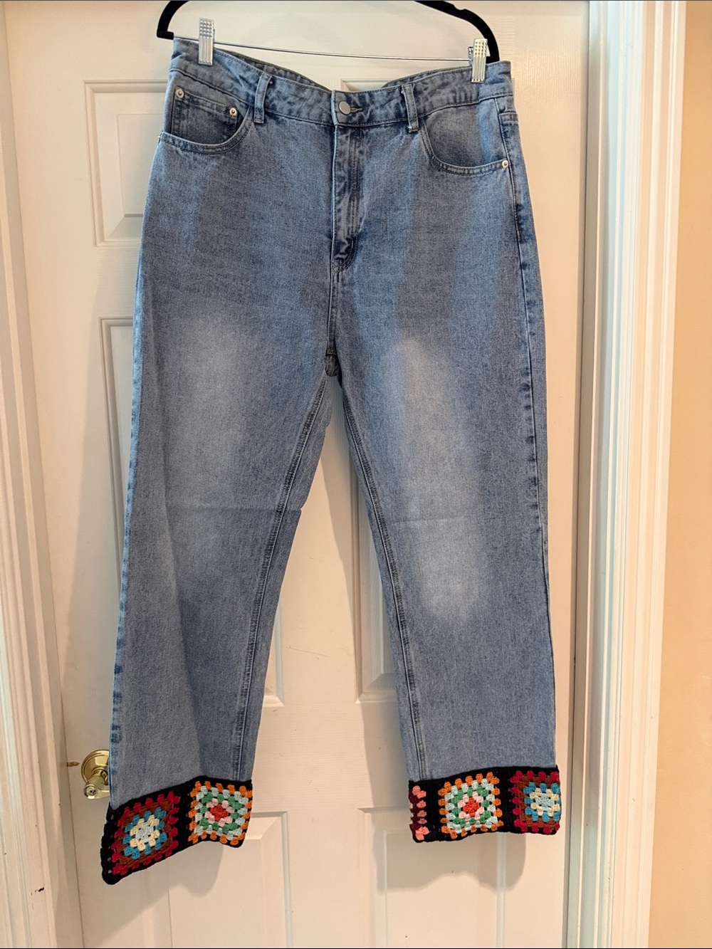 Pink Lily Light Blue Straight Leg Jeans with Multicolor Crochet Hem